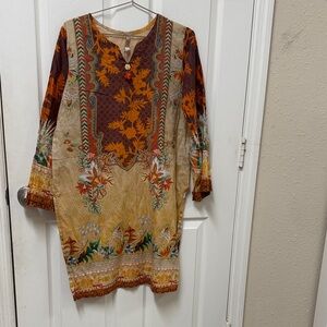 Pakistani Indian Floral Print Tunic Dress in Mustard and Brown